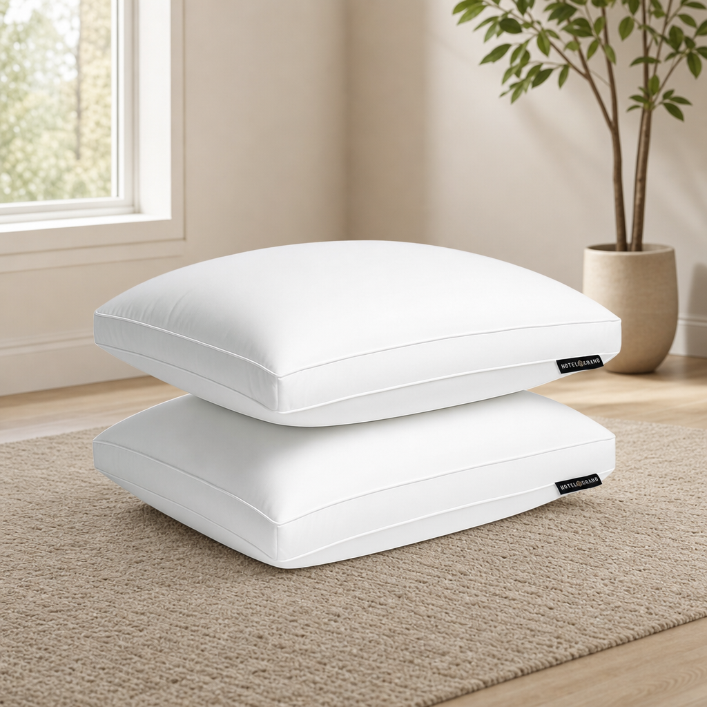 Feather & Down Pillows centered in a warm neutral furnished room