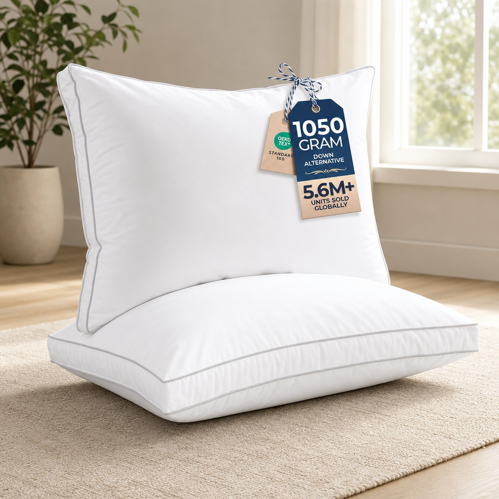 Bed Pillow, Hotel-Style — White & Grey centered in a warm neutral furnished room