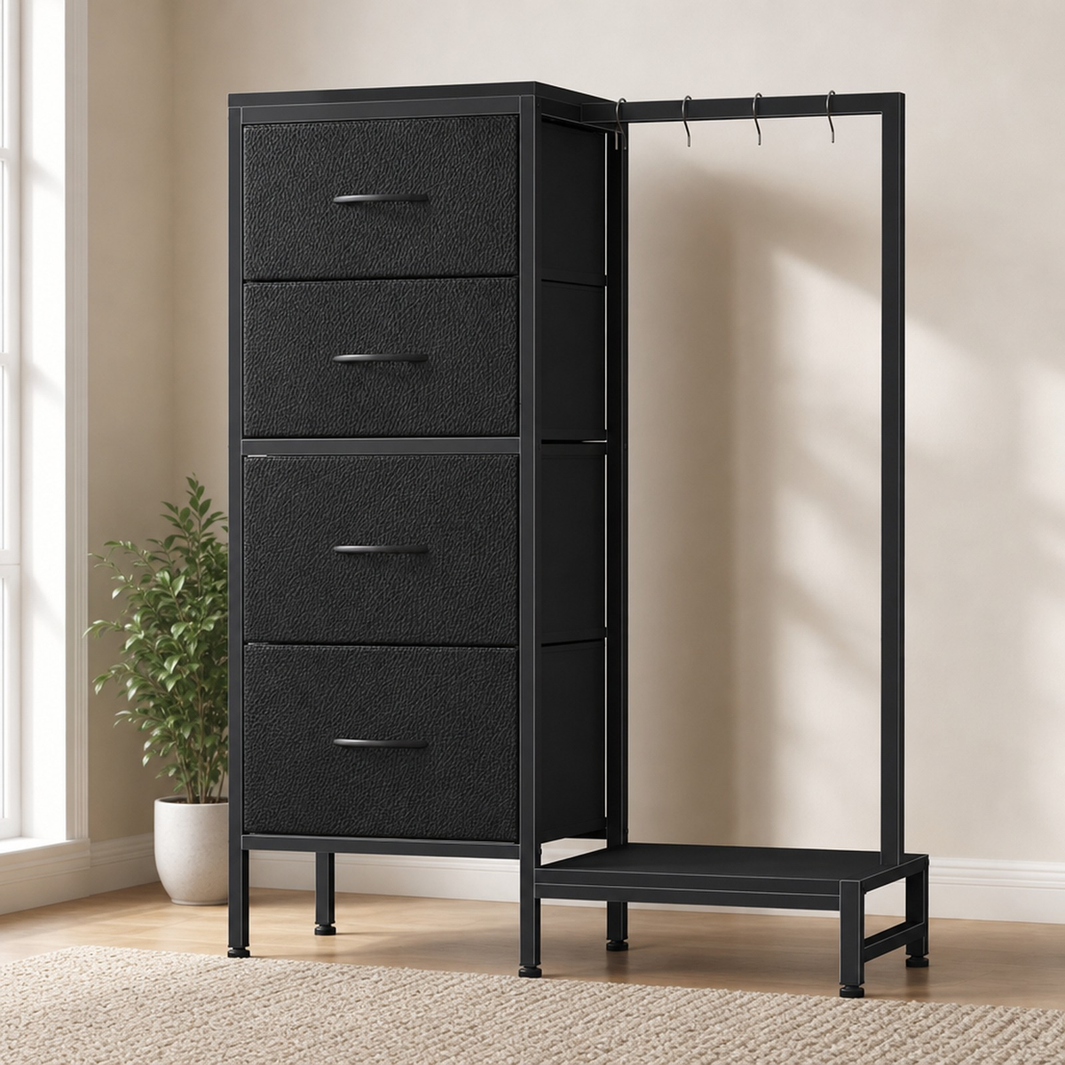 Black four-drawer dresser with an open clothes rack in a bright room