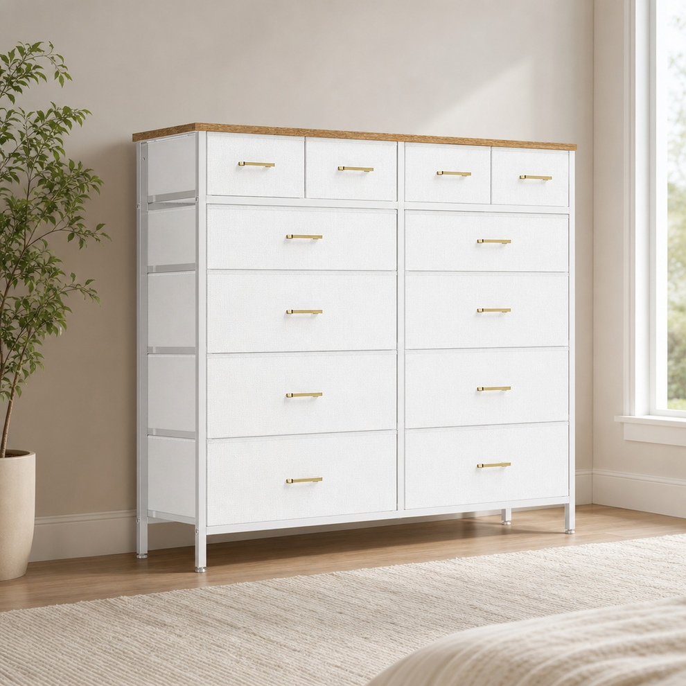 White fabric drawer dresser with wood-tone top, angled in a bright bedroom