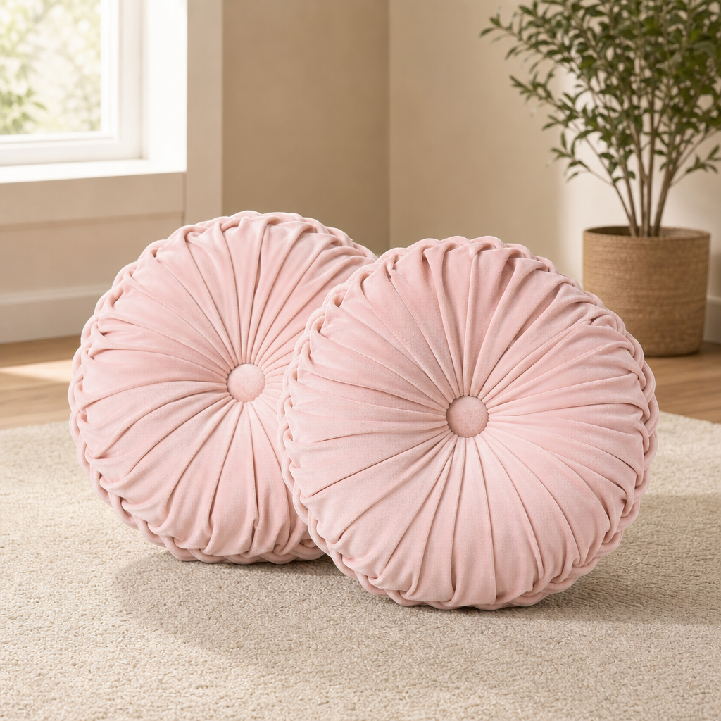 Pair of pink velvet round ruched pillows on a beige rug beside a window and potted plant, angled front view