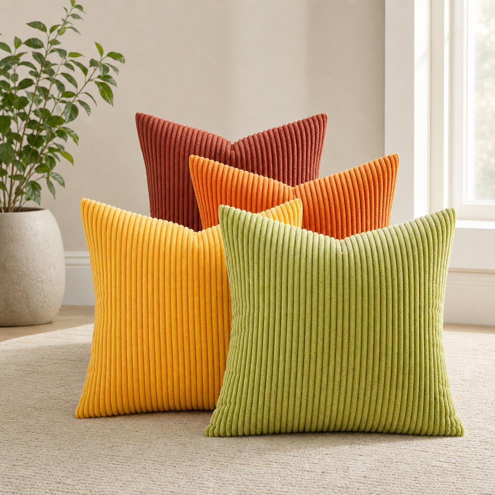 Four corduroy ribbed throw pillow covers in green, yellow, orange and burnt red arranged on a light floor by a window