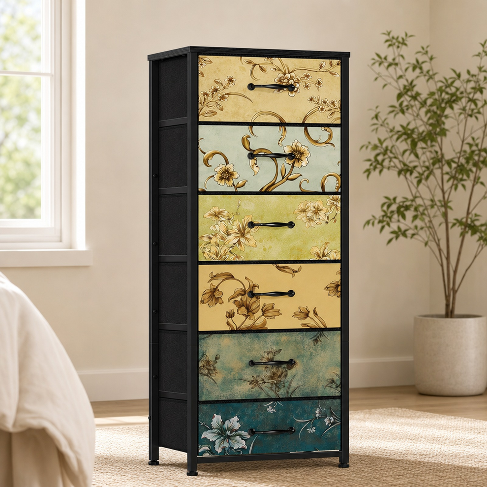 Fabric Storage Dresser — Vertical Metal Frame with Foldable Drawers and Wood Top centered in a warm neutral furnished room
