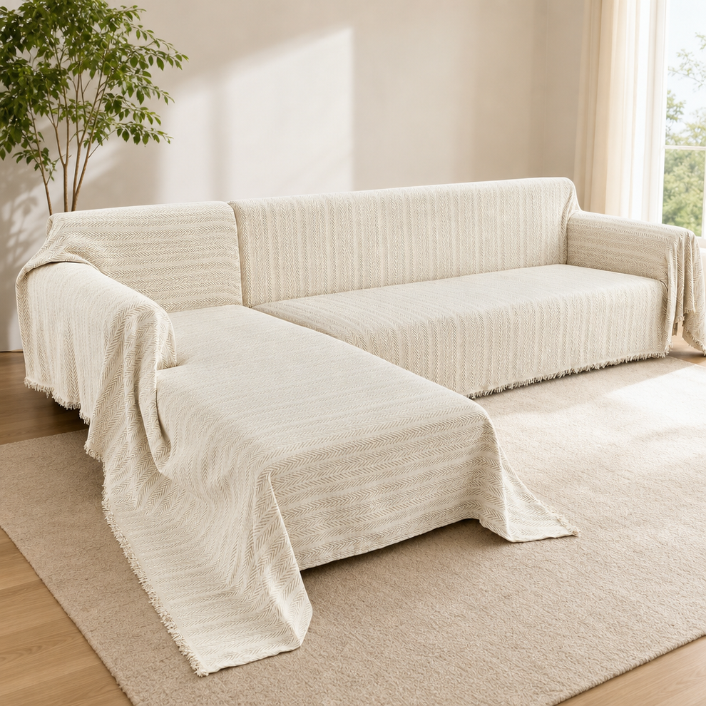 Cream herringbone chenille two-piece cover draped over an L-shaped sectional with chaise, angled front view in a bright room