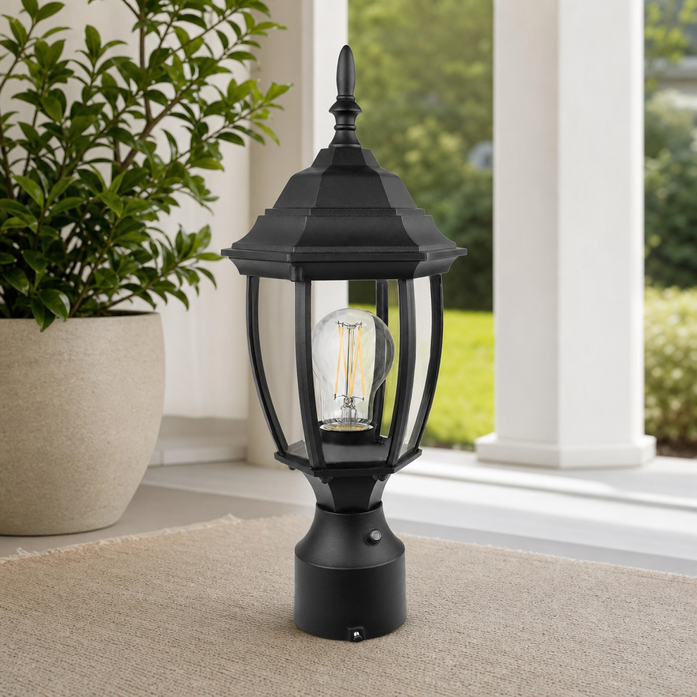 6.5in Aluminum Outdoor Post Lantern, Hardwired 120V, Dusk-to-Dawn Photocell centered in a warm neutral furnished room