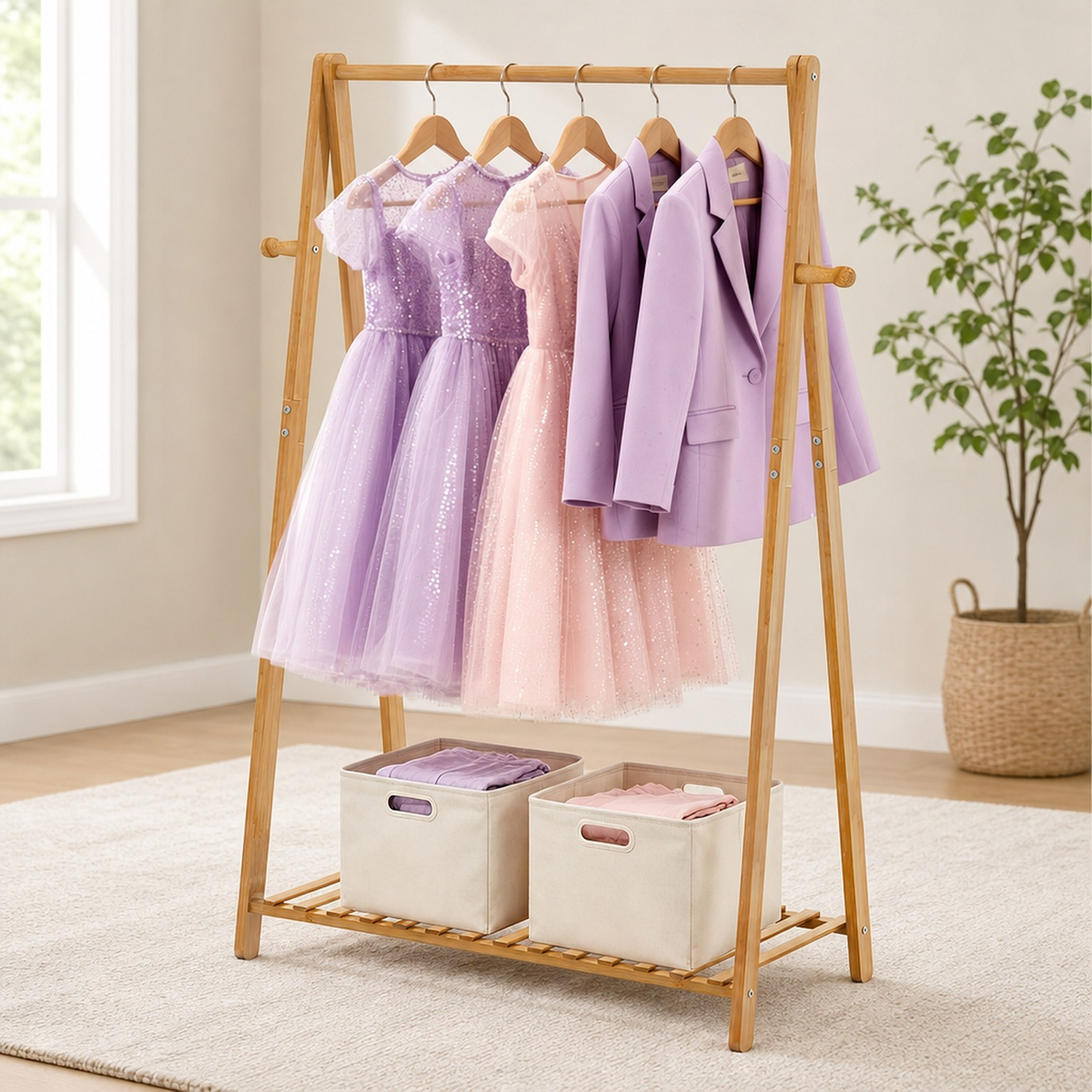 Kids Bamboo Garment Rack — 1- or 2-Tier, Multiple Heights centered in a warm neutral furnished room