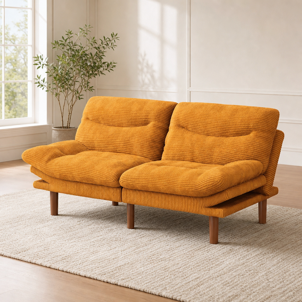 Convertible Corduroy Futon Sofa Bed, 66 Inch & 75 Inch centered in a warm neutral furnished room