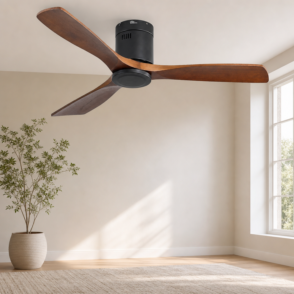 Brown solid wood three-blade ceiling fan with matte-black cylinder canopy, angled front view in a bright room