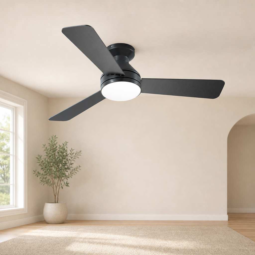 Low Profile Ceiling Fan with Light and Remote — DC Motor, Damp Rated, Multiple Siz centered in a warm neutral furnished room