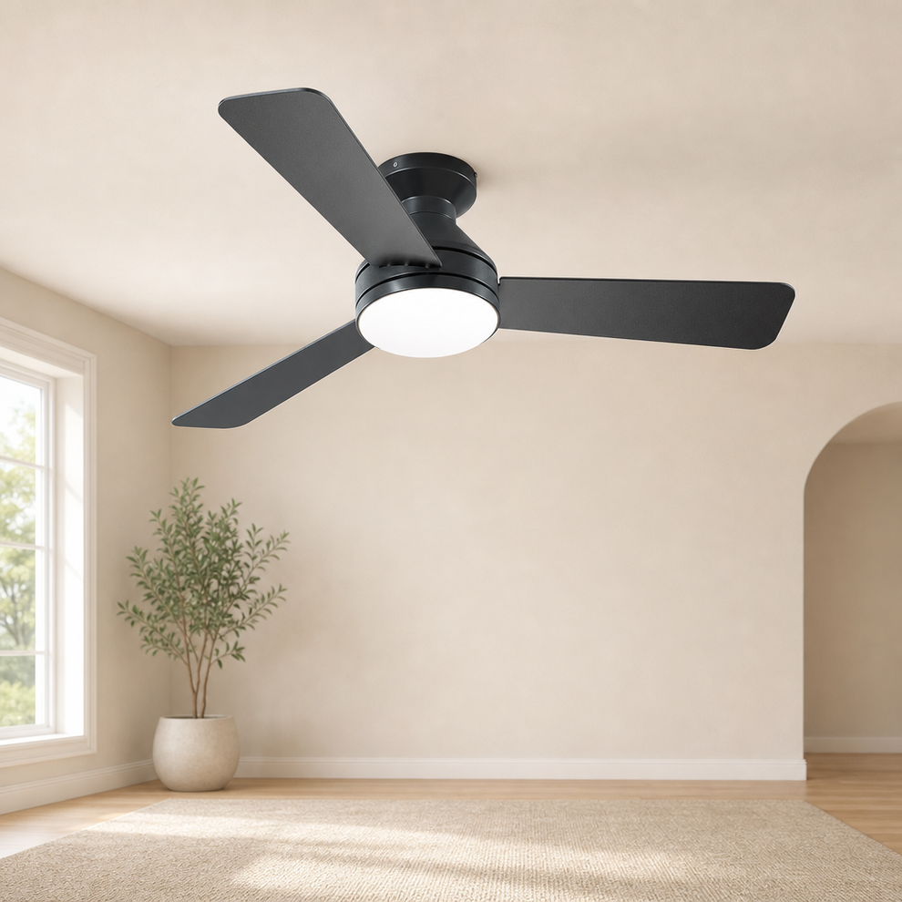 Low Profile Ceiling Fan with Light and Remote — DC Motor, Damp Rated, Multiple Siz centered in a warm neutral furnished room