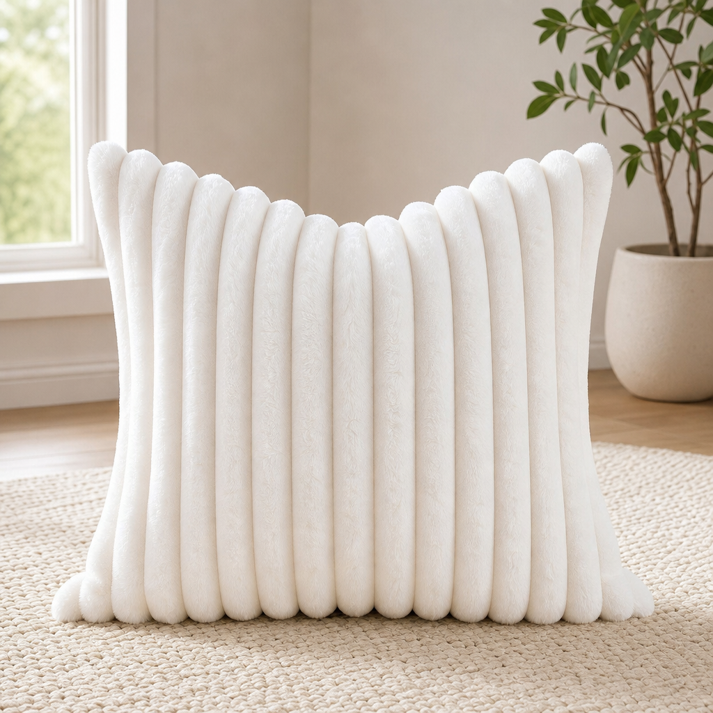 Cream white ribbed faux-fur throw pillow upright on a textured rug near a potted plant