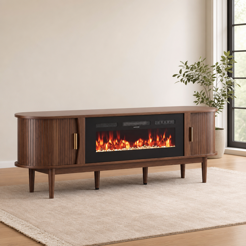 Walnut fluted TV stand with lit 36" electric fireplace, angled front view in a bright living room