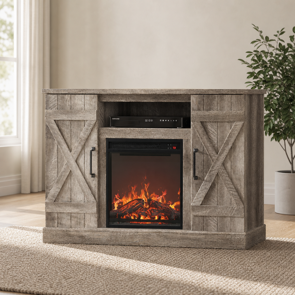 Farmhouse TV stand in Ashland Pine finish with integrated electric fireplace and X-panel barn doors, front view in a living‑m