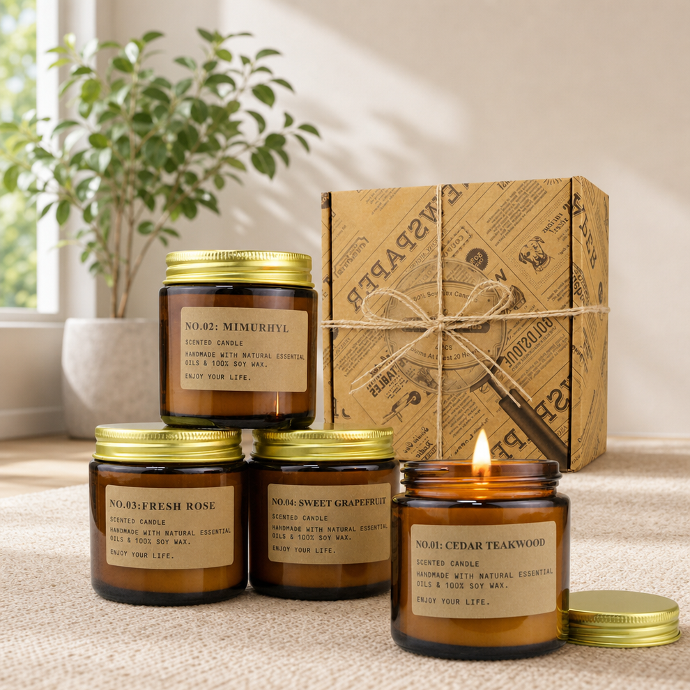 Four amber glass jar candles and a kraft paper gift box arranged on a table with one candle lit