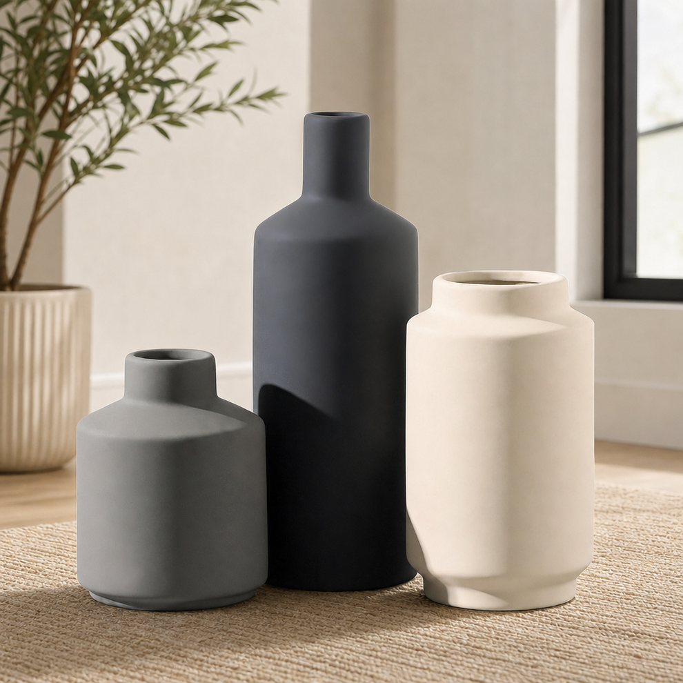 Three matte ceramic vases in dark grey, black and cream grouped on a woven rug, angled front view