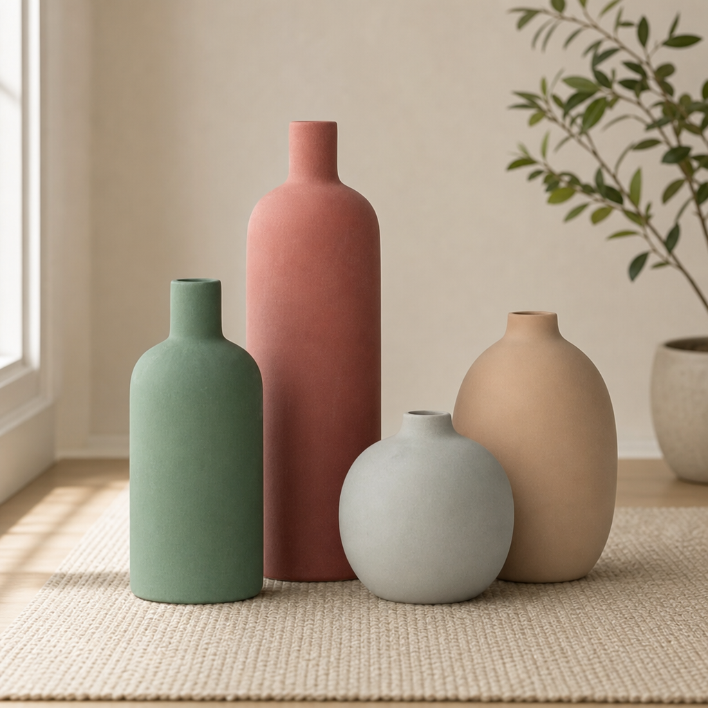 Four matte-glazed ceramic vases in green, terracotta, grey and beige on a woven rug, front view