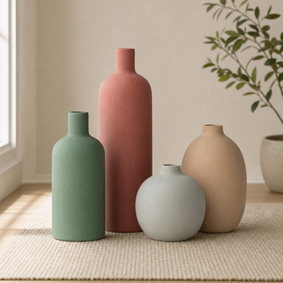 Four matte-glazed ceramic vases in green, terracotta, grey and beige on a woven rug, front view