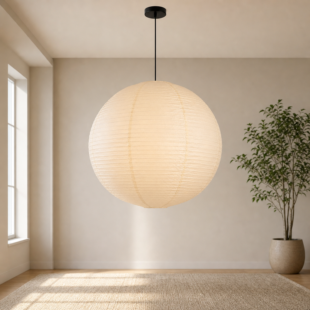 Paper Pendant Light Kit — 23.6in Off-White Rice Paper Lantern with 98in Cord & Can centered in a warm neutral furnished room