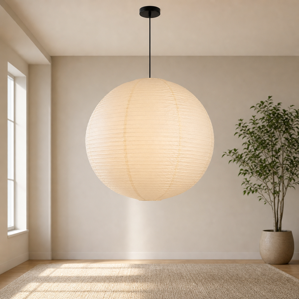 Paper Pendant Light Kit — 23.6in Off-White Rice Paper Lantern with 98in Cord & Can centered in a warm neutral furnished room