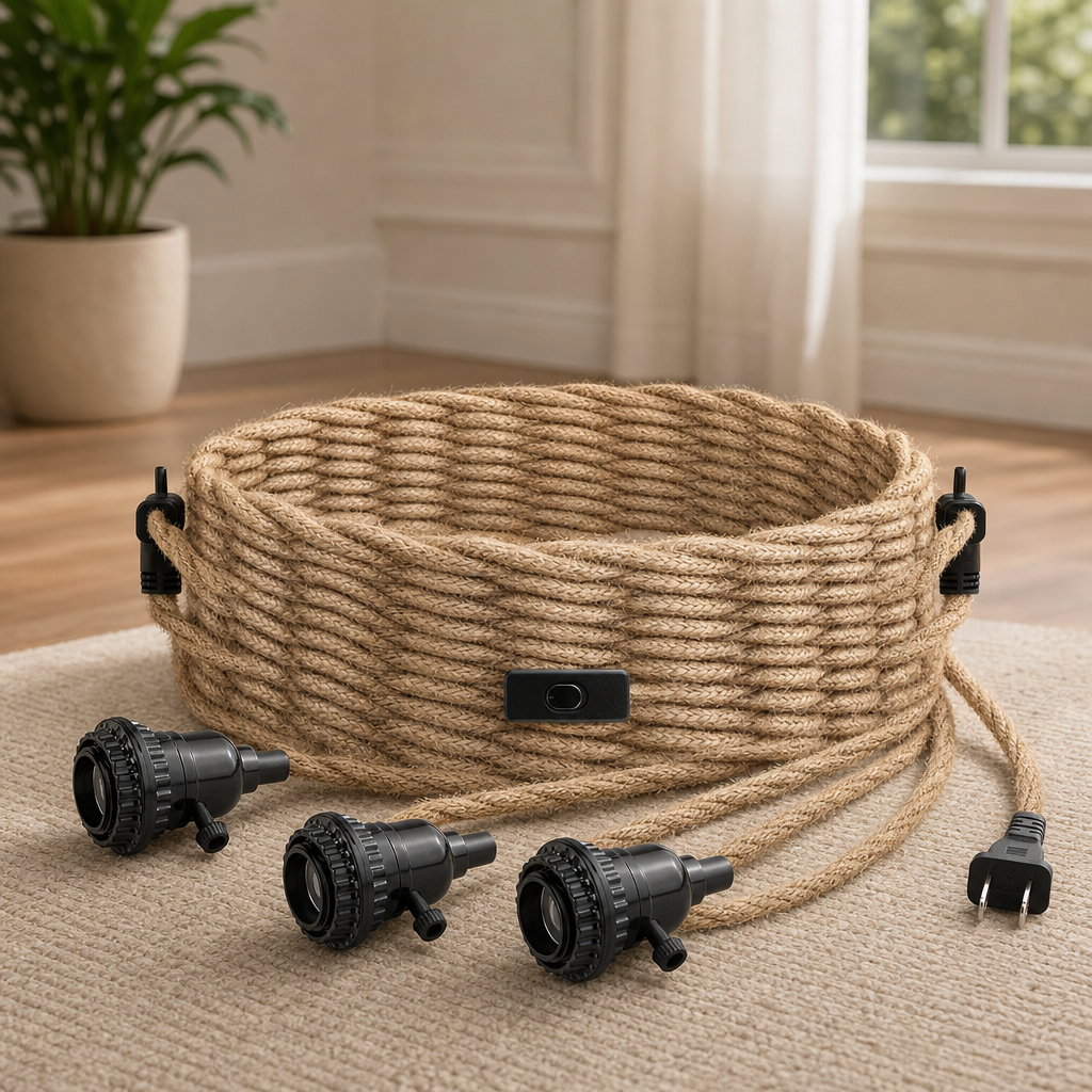 Coiled hemp rope plug-in cord with three black E26 lamp sockets and inline switch on a carpeted surface