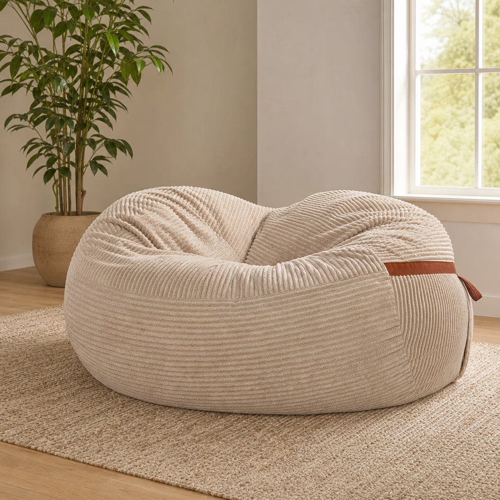 Beige corded-plush oversized lounger angled front view in a bright living room next to a window