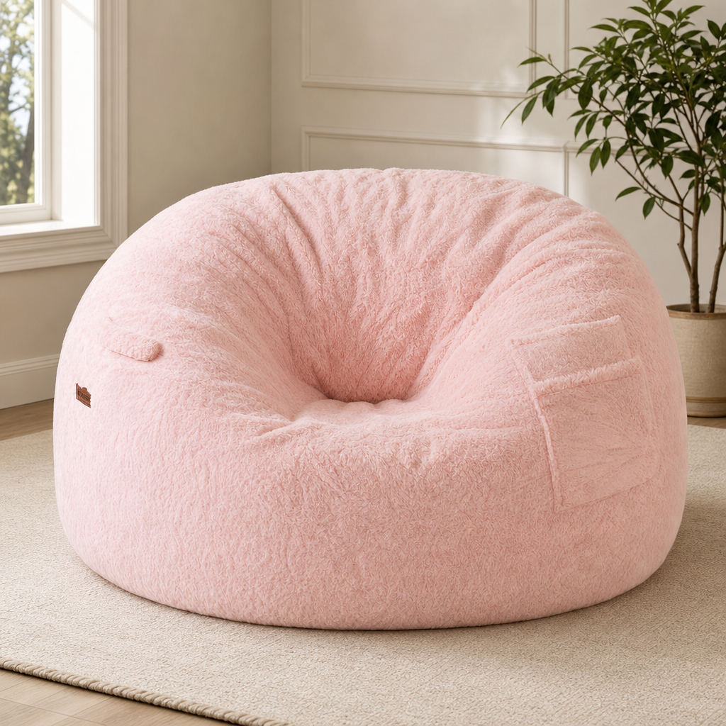 Pink faux-fur bean bag chair angled front view on a neutral rug with a potted plant nearby