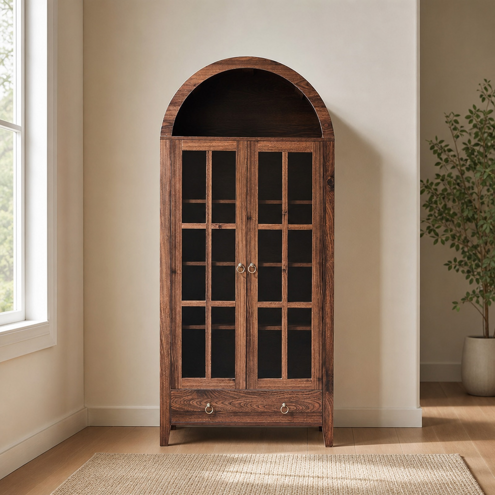 Arched glass-door cabinet bookshelf shown front-facing in a brown finish
