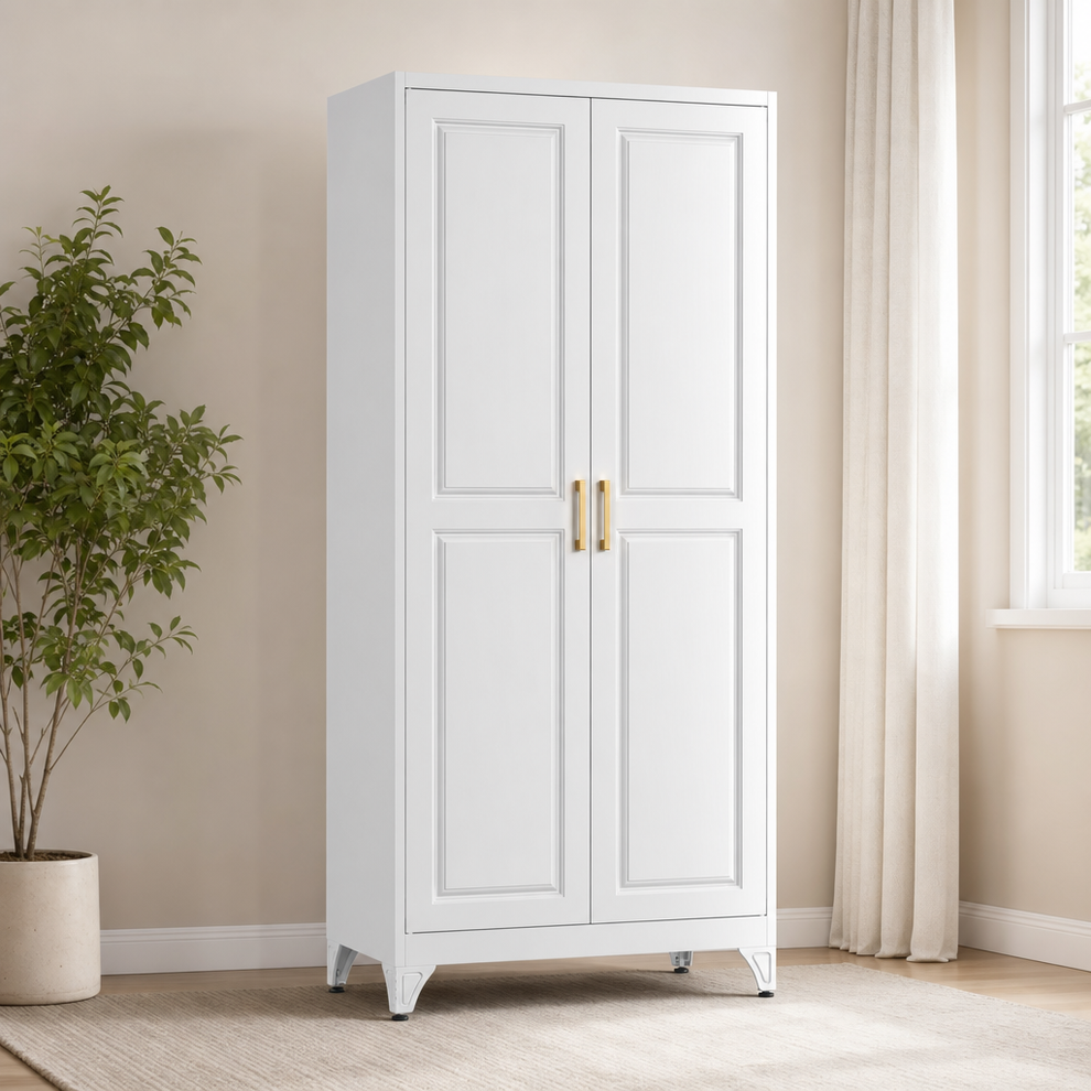 Metal Wardrobe Cabinet with Doors centered in a warm neutral furnished room