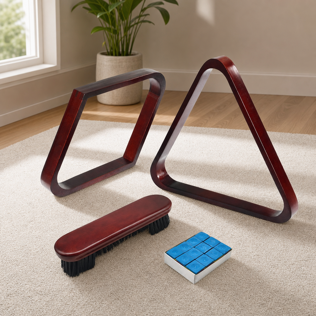 Solid Pinewood Pool Rack Set — Triangle & Diamond Racks for 2-1/4" Pool Balls centered in a warm neutral furnished room