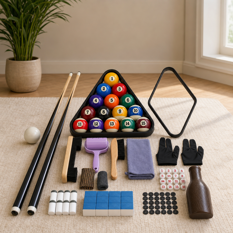 Pool Table Accessories Set — 95‑Piece Billiard Kit with 16 Balls & 2 Cues centered in a warm neutral furnished room