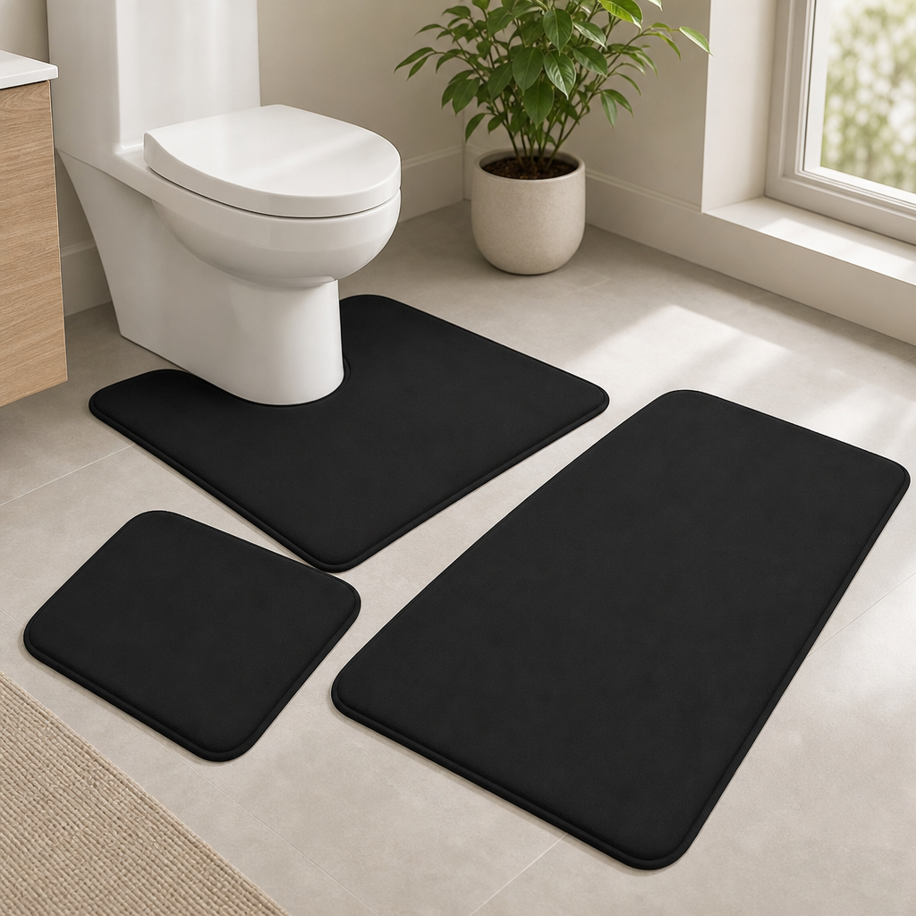 Black 3-piece bath rug set arranged on tiled bathroom floor with toilet and potted plant