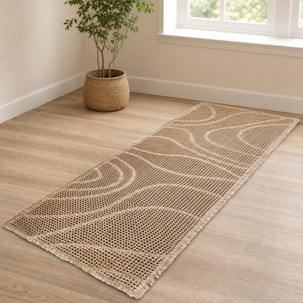 Beige-brown waffle weave runner mat angled front view on a light wood floor with a potted plant nearby