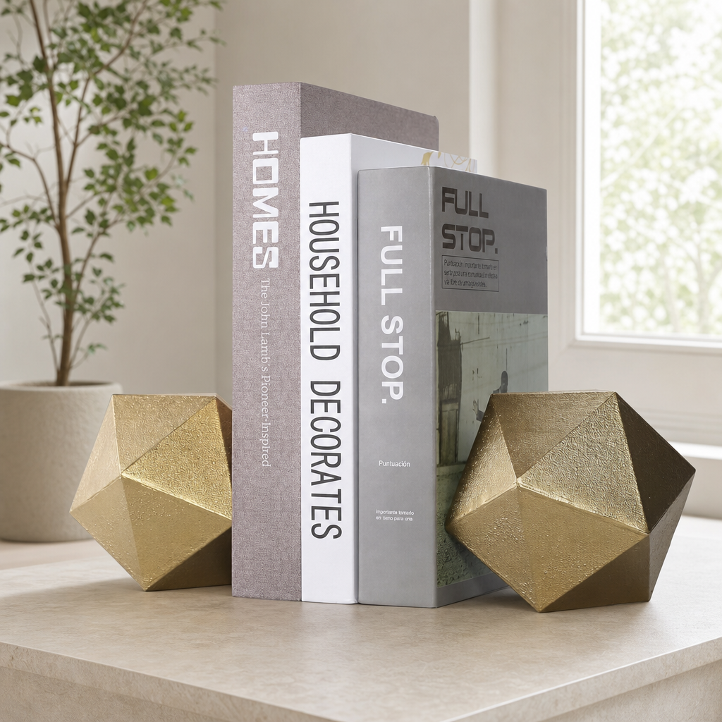 Cast Iron Ball Bookends, Gold centered in a warm neutral furnished room