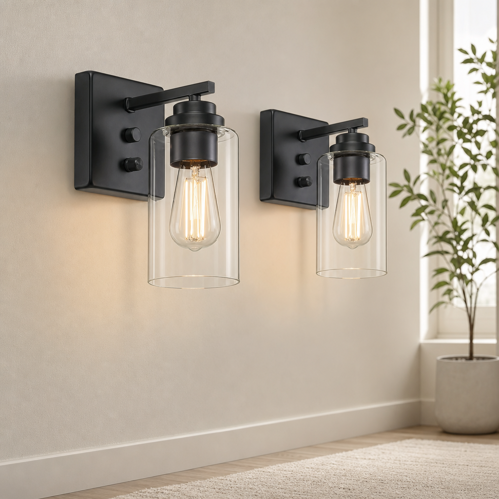Matte black metal wall sconces set of two with clear cylindrical glass shades mounted on a light wall