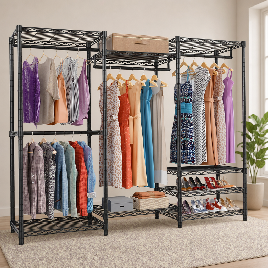 V5 Heavy Duty Freestanding Clothes Rack — Modular Closet System centered in a warm neutral furnished room
