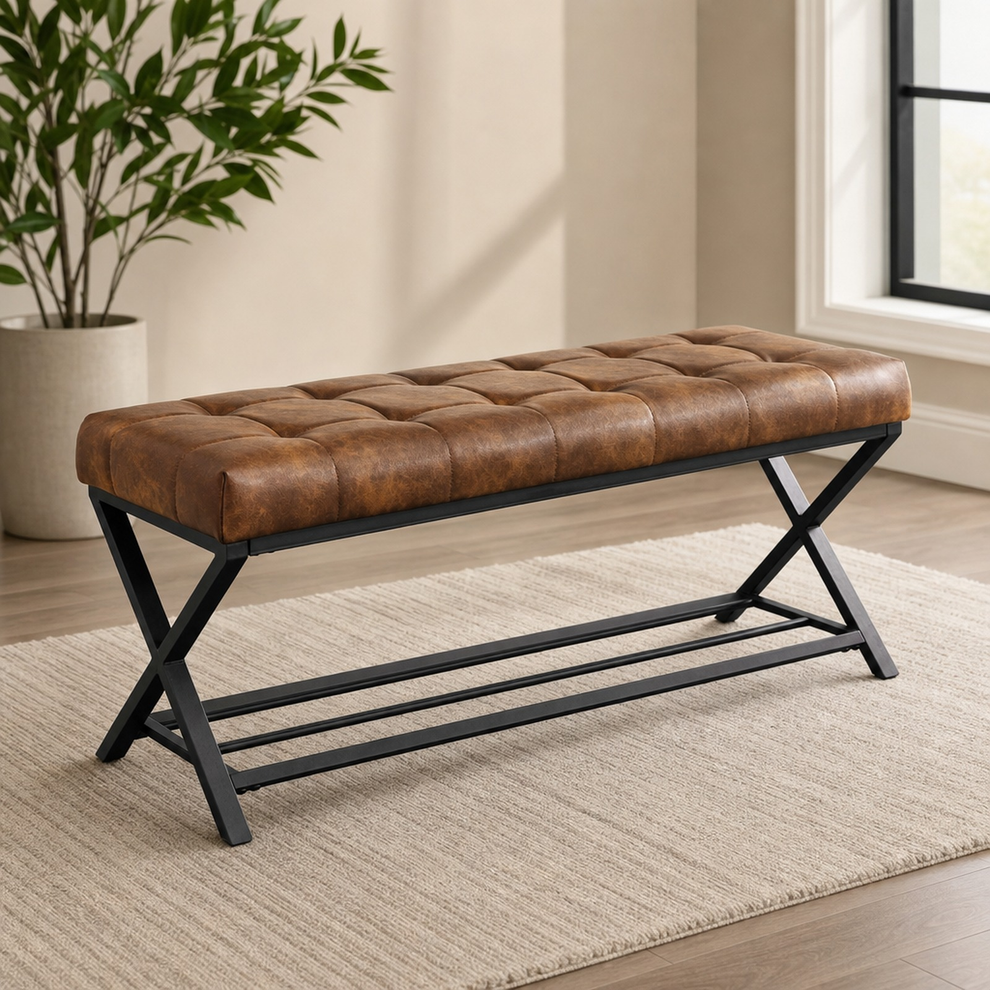 44.5" Tufted Upholstered Storage Bench with Shoe Shelf, 300 lb Capacity centered in a warm neutral furnished room