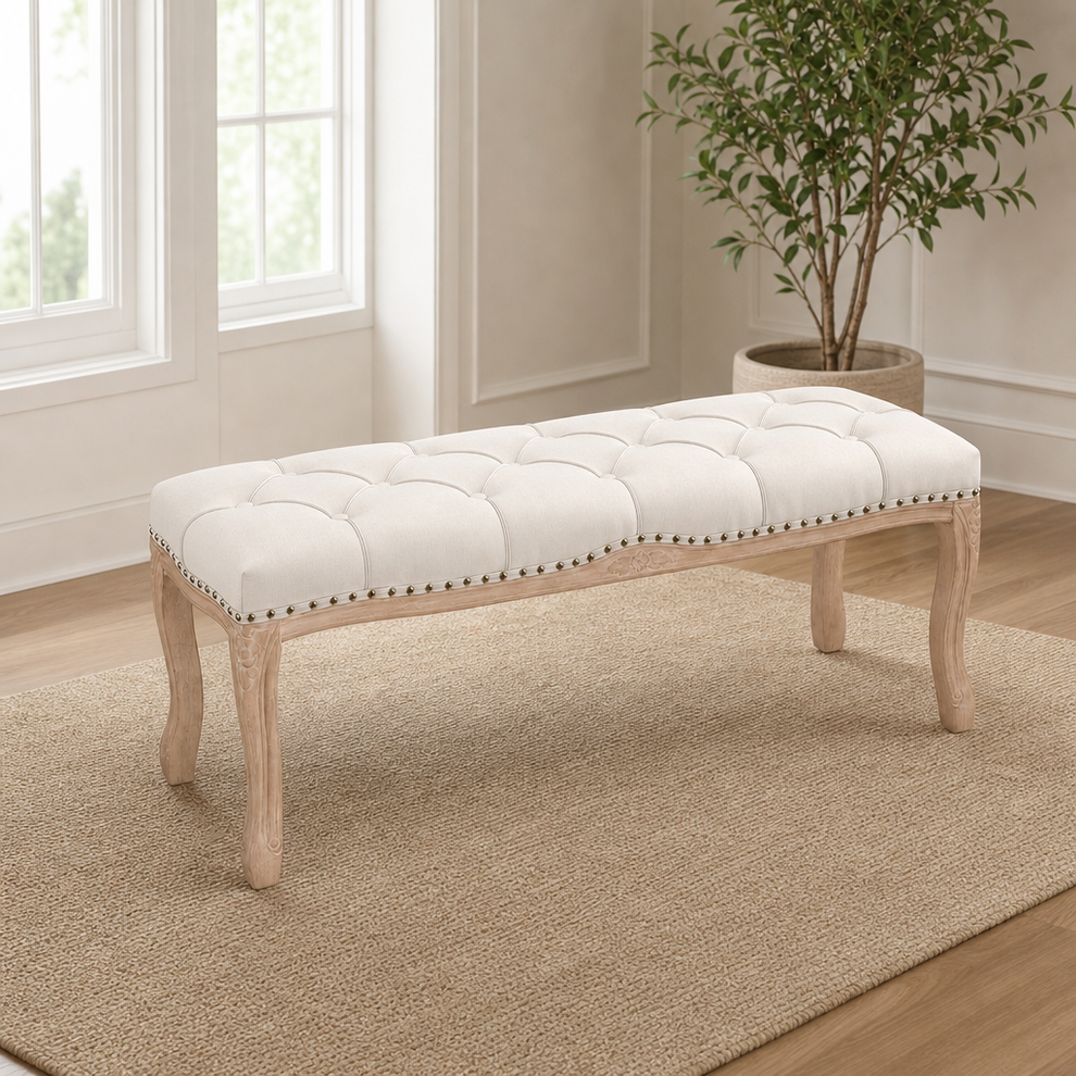 Upholstered Tufted Bench, 45.2 in Linen Seat with Solid Rubberwood Frame centered in a warm neutral furnished room