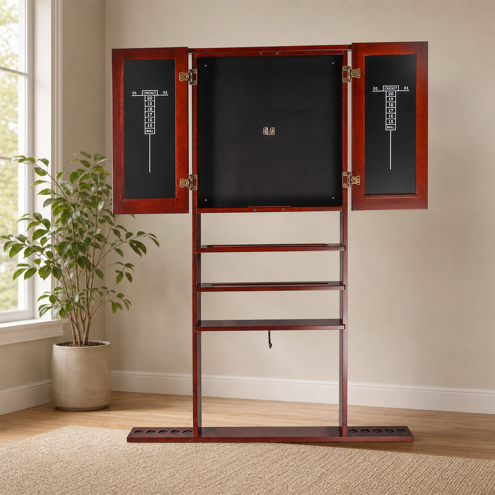 Wall-Mounted Solid Wood Pool Cue Rack & Dartboard Cabinet centered in a warm neutral furnished room