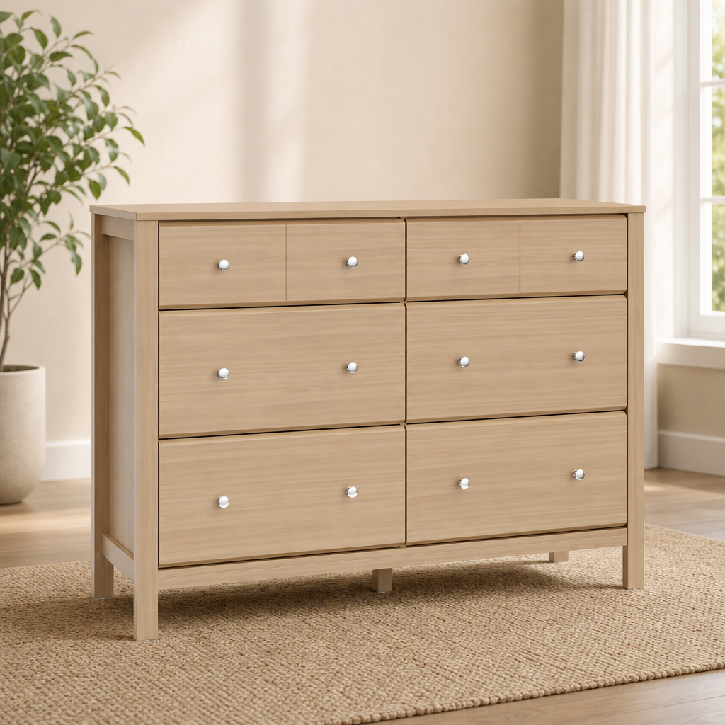 Light wood finish six-drawer dresser full front view in a bright nursery setting