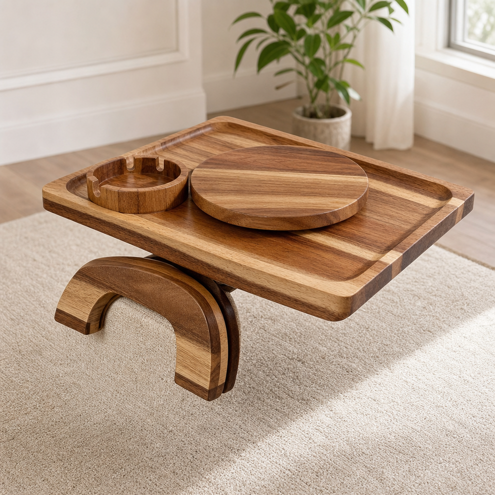 Acacia wood sofa arm tray with detachable round swivel base and cup holder angled top view
