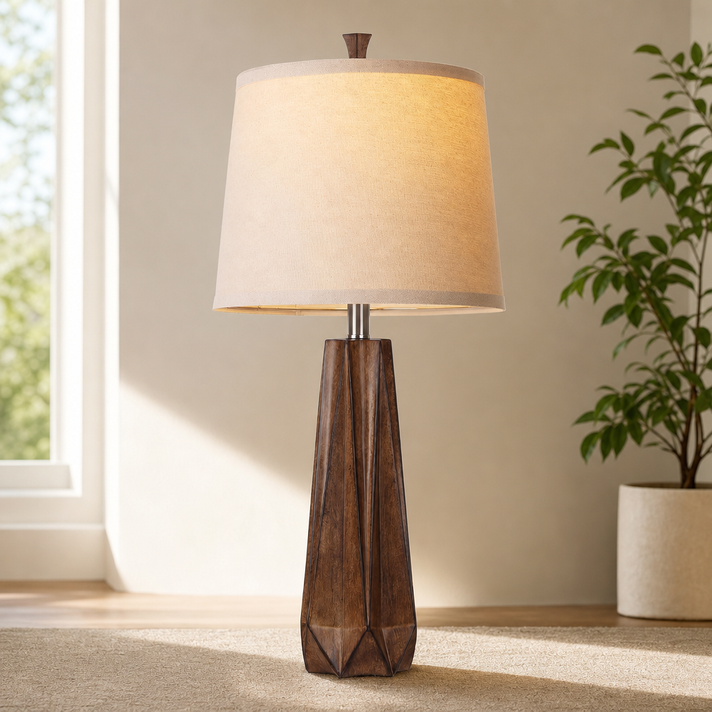 27" Table Lamp with Linen Shade and 3-Color LED centered in a warm neutral furnished room
