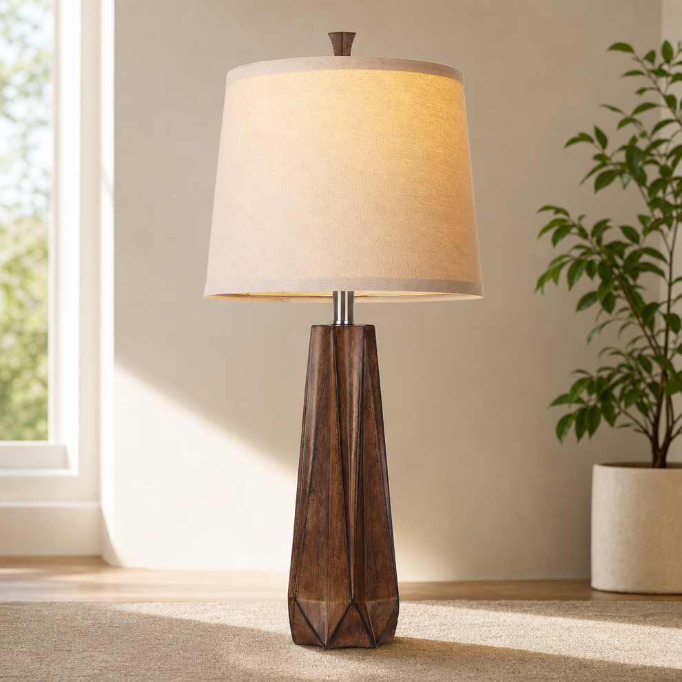 27" Table Lamp with Linen Shade and 3-Color LED centered in a warm neutral furnished room