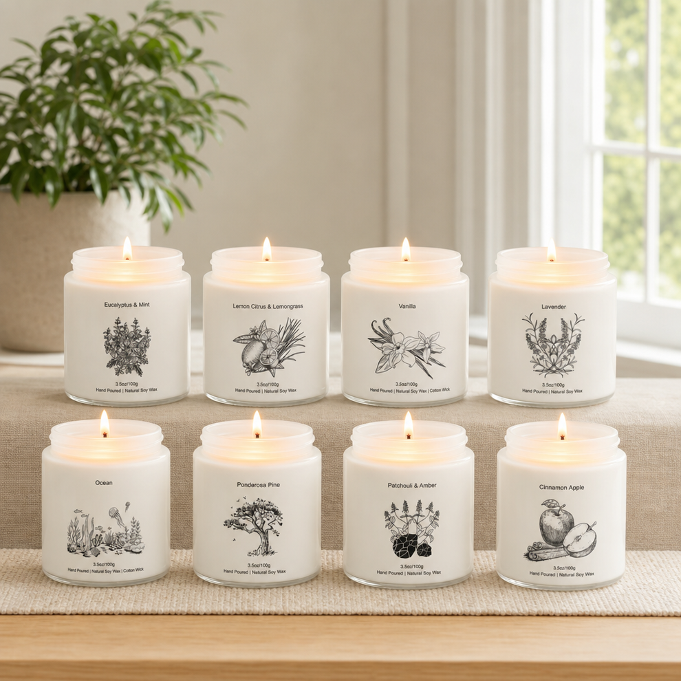 Scented Soy Candle Gift Set, 8-Pack — 8 Scents, 3.5oz/100g Glass Jars, Ready-to-Gi centered in a warm neutral furnished room
