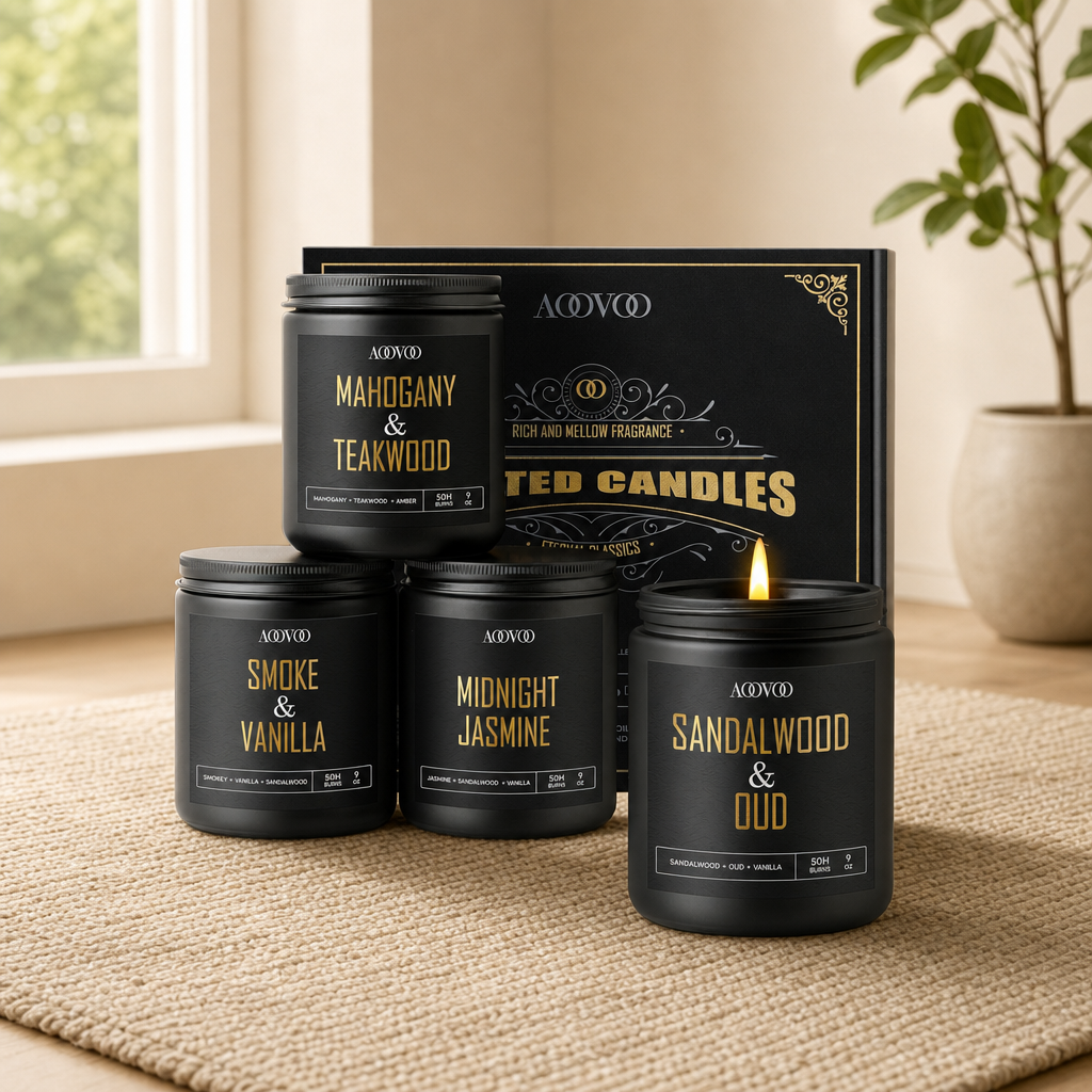 Black matte jar candle set with gold labels and a matching black gift box on a woven surface, one candle lit, angled front.