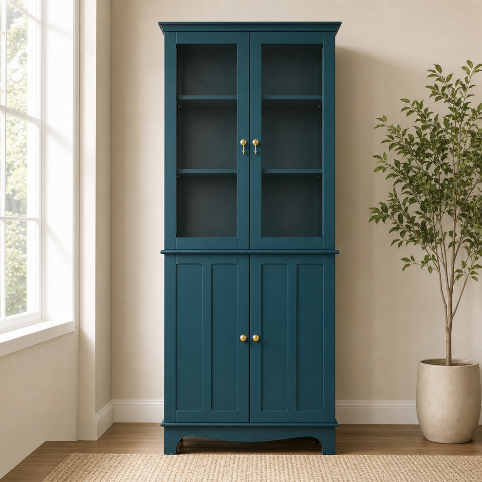 Dark teal tall china cabinet front view with tempered-glass upper doors in a bright room