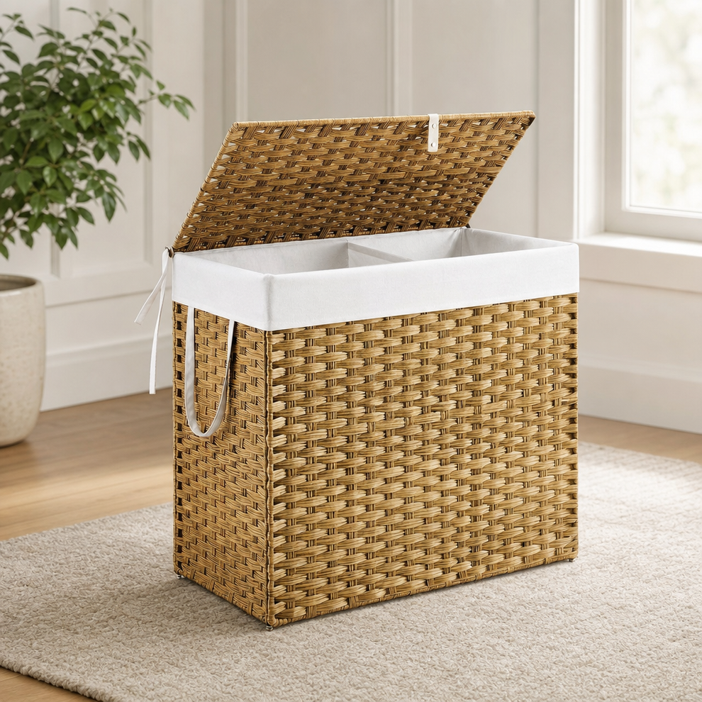 Natural woven rattan rectangular laundry hamper with open lid and white liner in a bright room