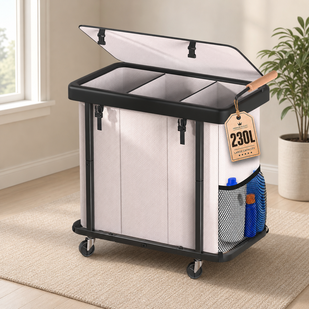 Light-colored three-section rolling laundry hamper with lid open, mesh side pocket and caster wheels