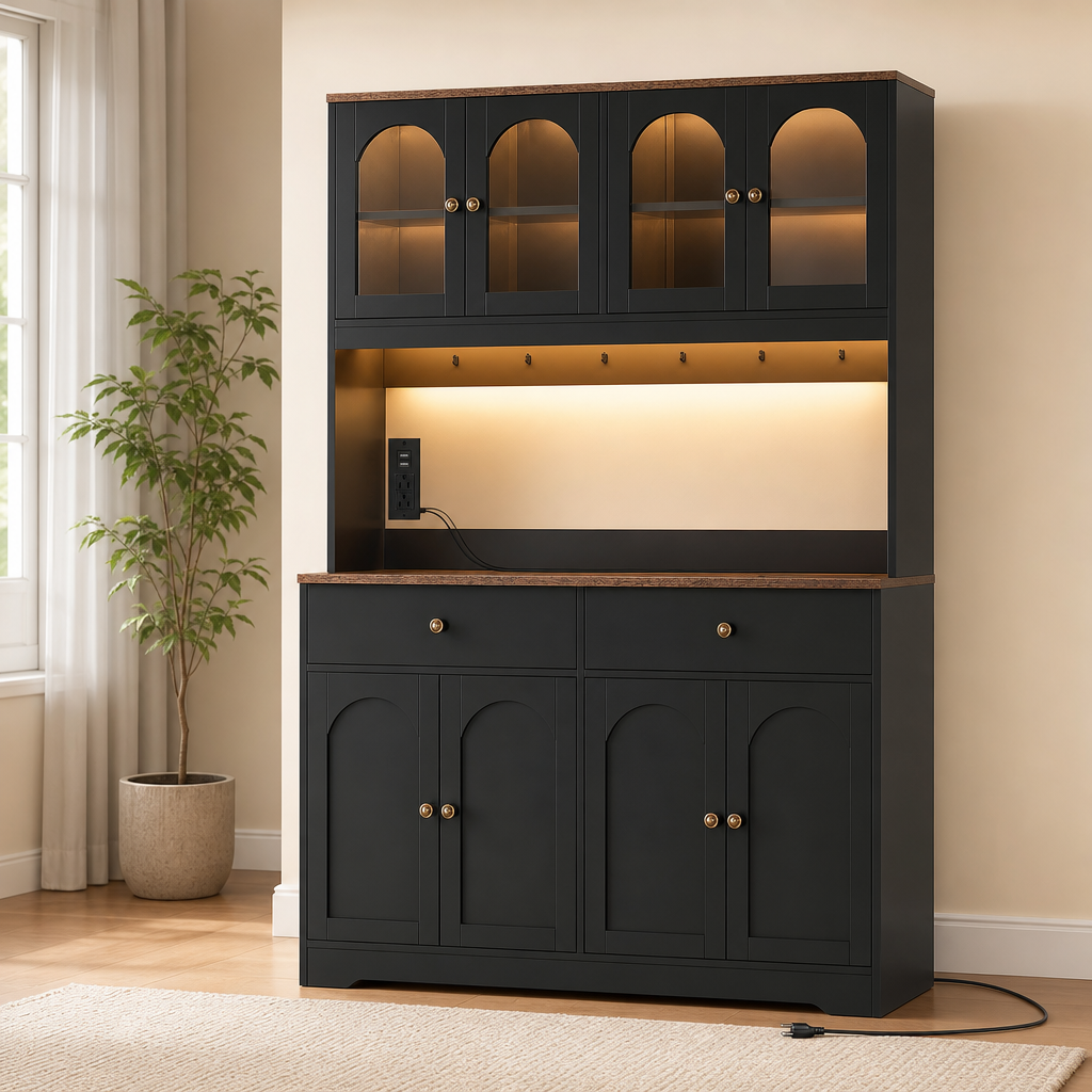 Black tall kitchen pantry cabinet with wood-tone countertop front view and warm hutch lighting