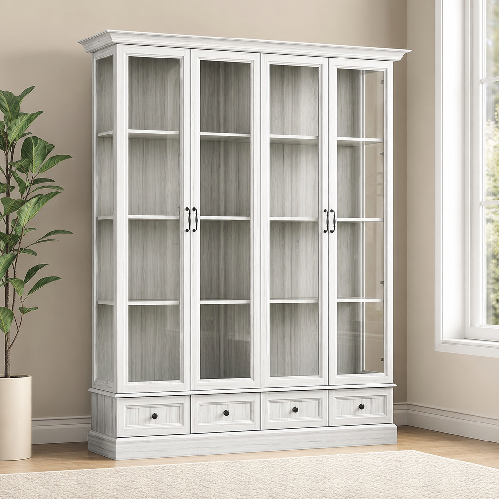Storage Cabinet with Framed Glass Doors, 12 Compartments, Multiple Sizes & Finishe centered in a warm neutral furnished room