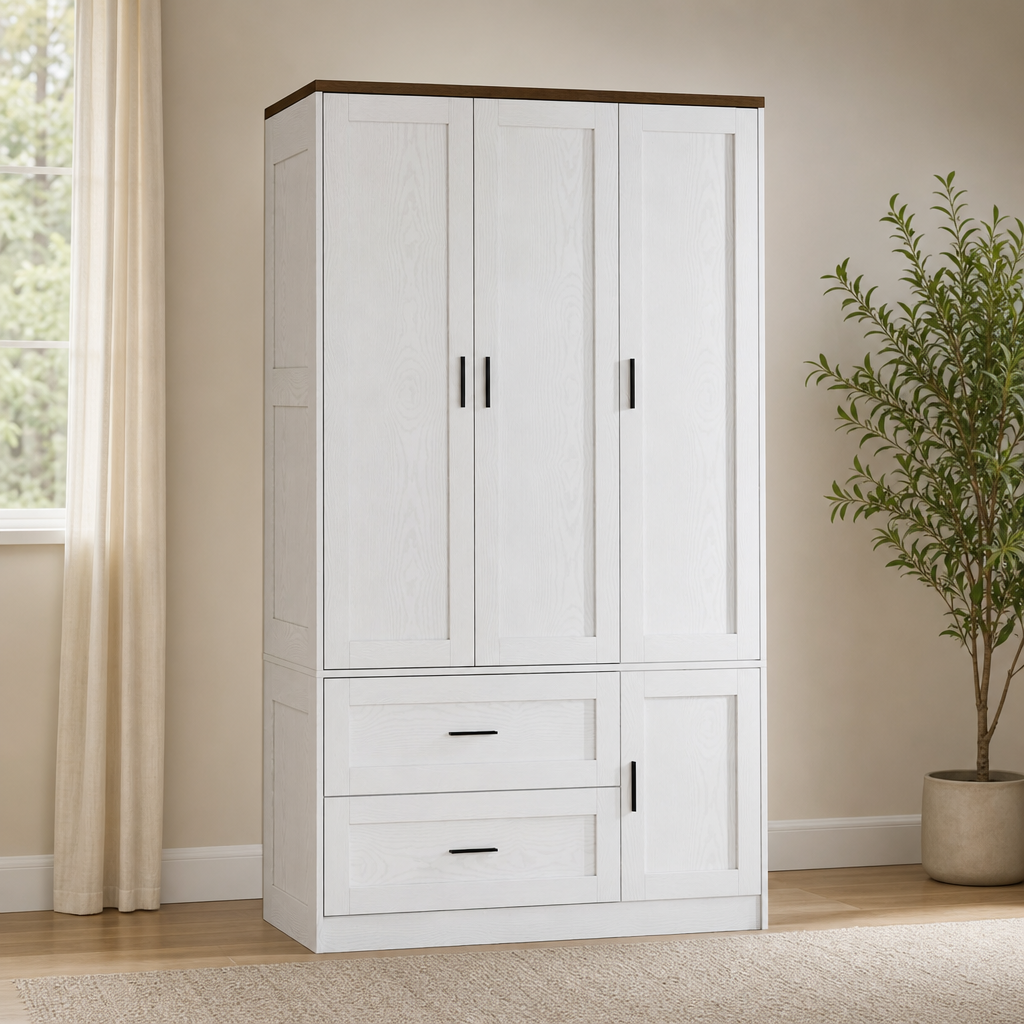 White 3-door armoire with dark wood top, full front view in a bedroom setting